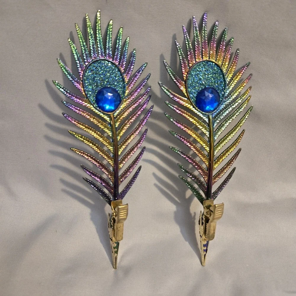 Pair Peacock Feather Clip On Christmas Ornaments Iridescent Jeweled Glitter 6